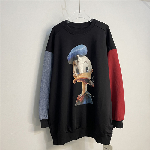 Cartoon Duck Print Crew Neck Pullover Sweatshirt Women’s spring and Autumn New Loose Slimming Denim Stitching Long-Sleeved Top alx