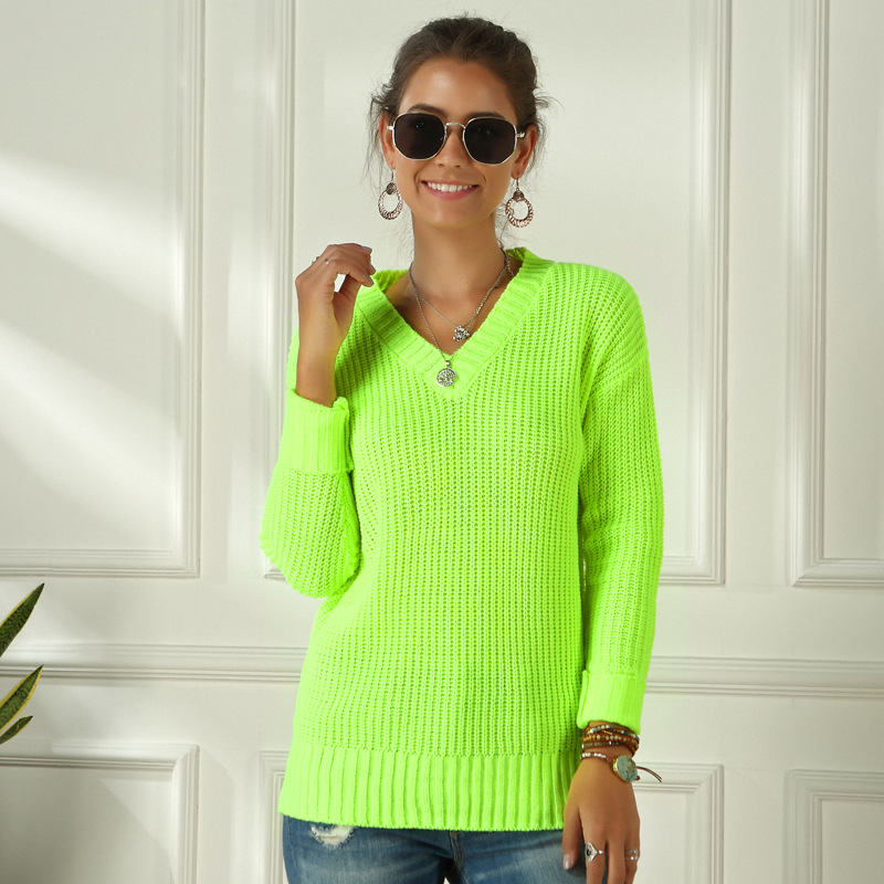 2020 Autumn Winter Women Neon Green Pink Sweaters Elegant Ladies Pullovers Knitted Solid V Neck Long Sleeve Shirt Tops Clothing alx