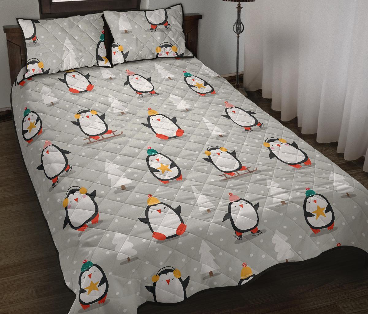 Cute Penguin christmas pattern Quilt Bed Set