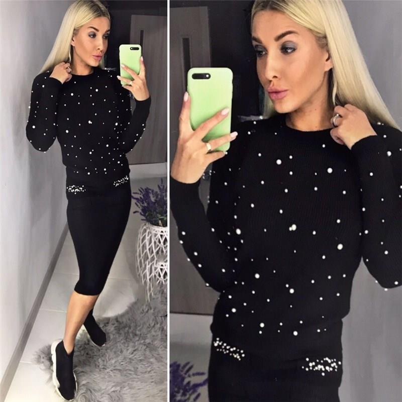 Women Two Piece Warm Set O-Neck Pearl Beading Knitted Pullover Pencil Skirt Women Elegant 2 Piece Suits alx