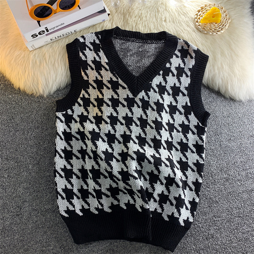 Sweater Vest Men Spring Autumn New Arrival Korean Style Unisex Couple Loose Sleeveless Knitwear Fashion Houndstooth Chandails alx