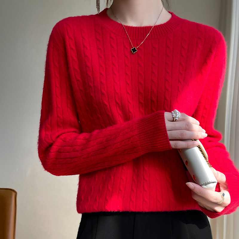 100% Merino Wool Sweater Women’s O-neck Pullover Autumn and Winter New Slim Fit Twist Fashion Knitted Bottoming Shirt Tops alx