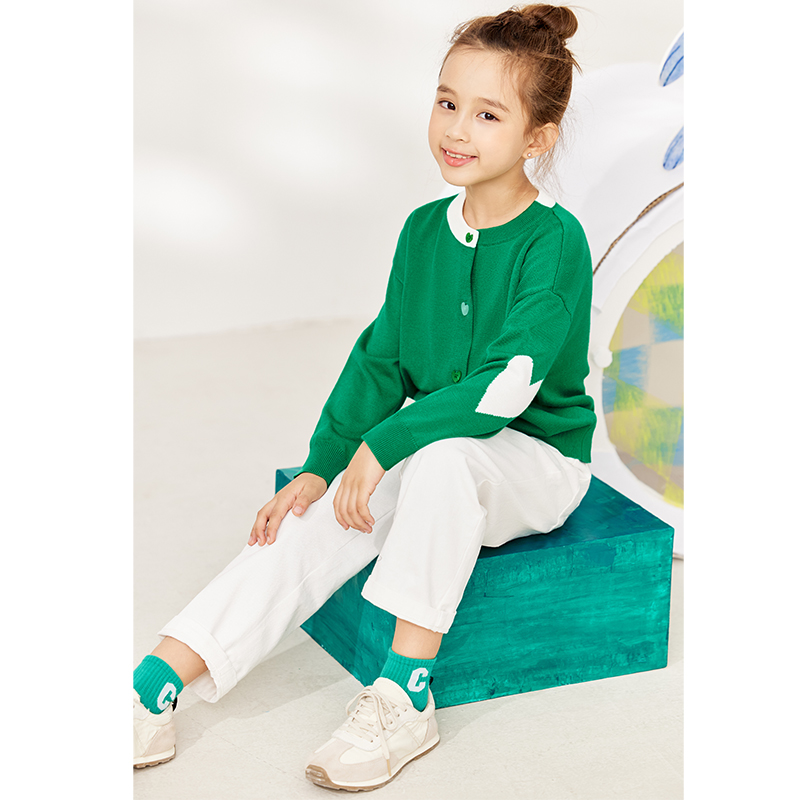 Amii Kids Knitted Cardigans for Girls 3-12y Autumn Patchwork Crew Neck Single Breasted Casual Sweater Children Clothing 22230007 alx