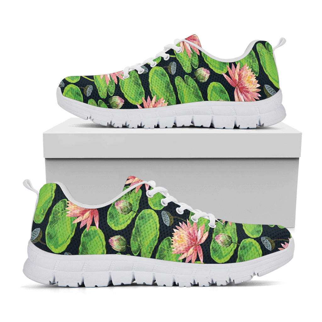 Water Lily Flower Pattern Print White Sneakers