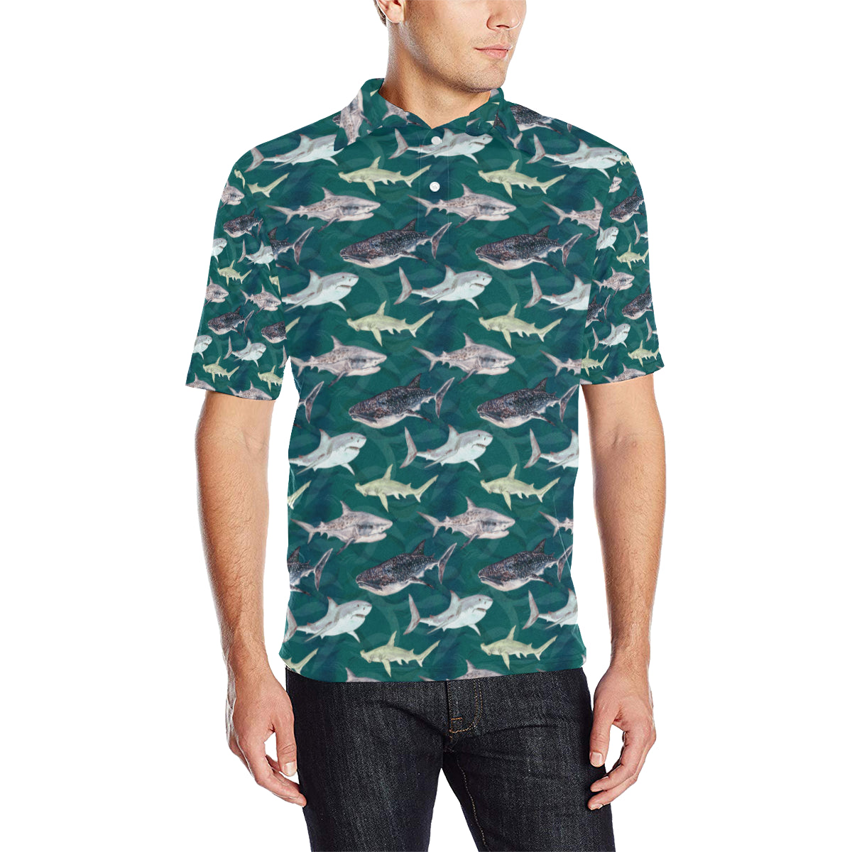 Shark Style Print Men Polo Shirt