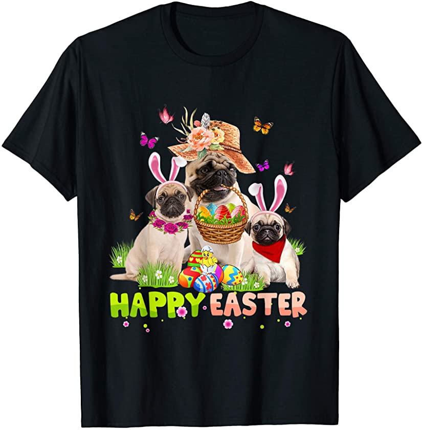 Three Pug Wearing Bunny Ear Pug Lover Happy Easter for Girls T-Shirt