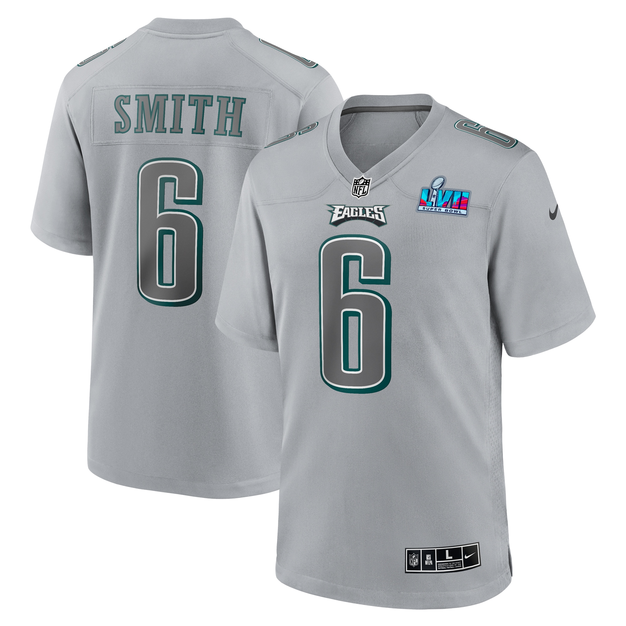 Men’s Philadelphia Eagles DeVonta Smith Gray Super Bowl LVII Patch Atmosphere Fashion Game Jersey