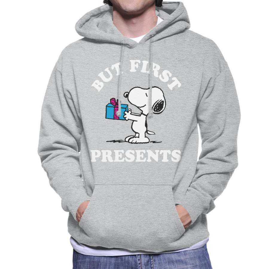 Peanuts Christmas But First Presents Snoopy Men’s Hooded Sweatshirt