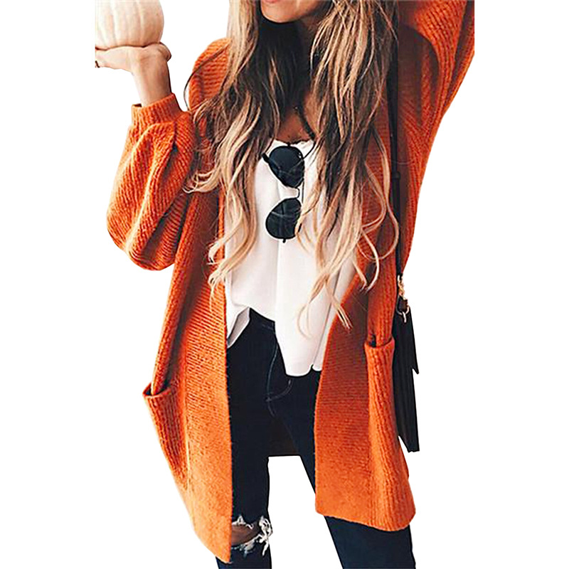 Women Loose Knitted Long Lantern Cardigan Sweater Coats Outwear Autumn Female Orange Pocket Long Knitwear Tops WDC8990 alx