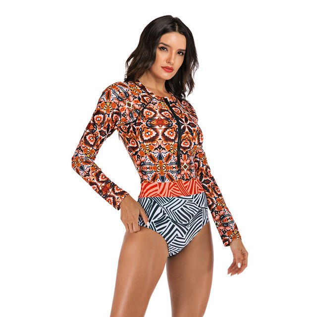 Magical Mandala Zebra Print Zipper Long Sleeve Surfing Suit