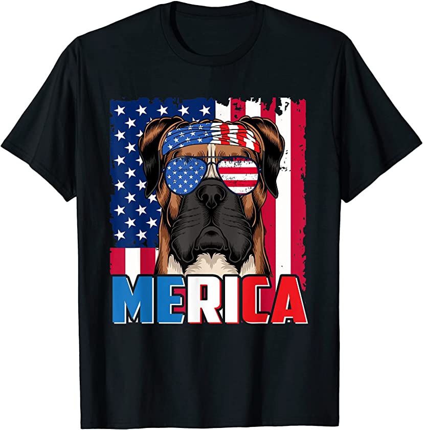 Boxer Dog Merica Flag 4th of July Dog American Puppy T-Shirt