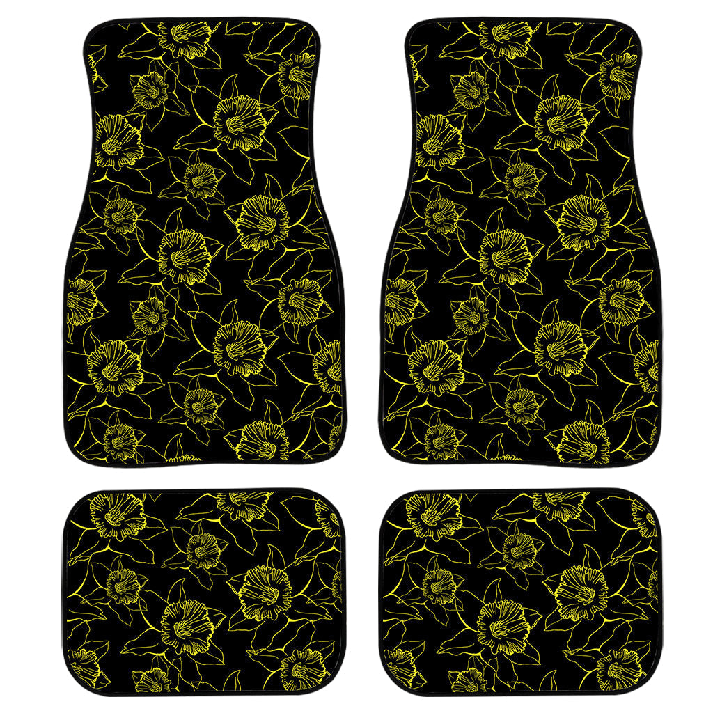 Black And Yellow Daffodil Pattern Print Front And Back Car Floor Mats, Front Car Mat