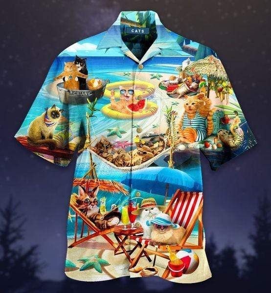 Shop Cat Having Funny At The Beach Unisex Hawaii Aloha Shirts Ha32432