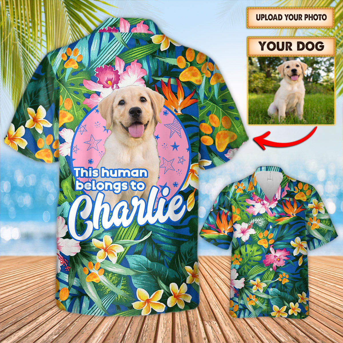 Personalized This Human Belongs To His Dog Tropical Background 3D All Over Print Hawaiian Shirts For Dog Lovers Ht95