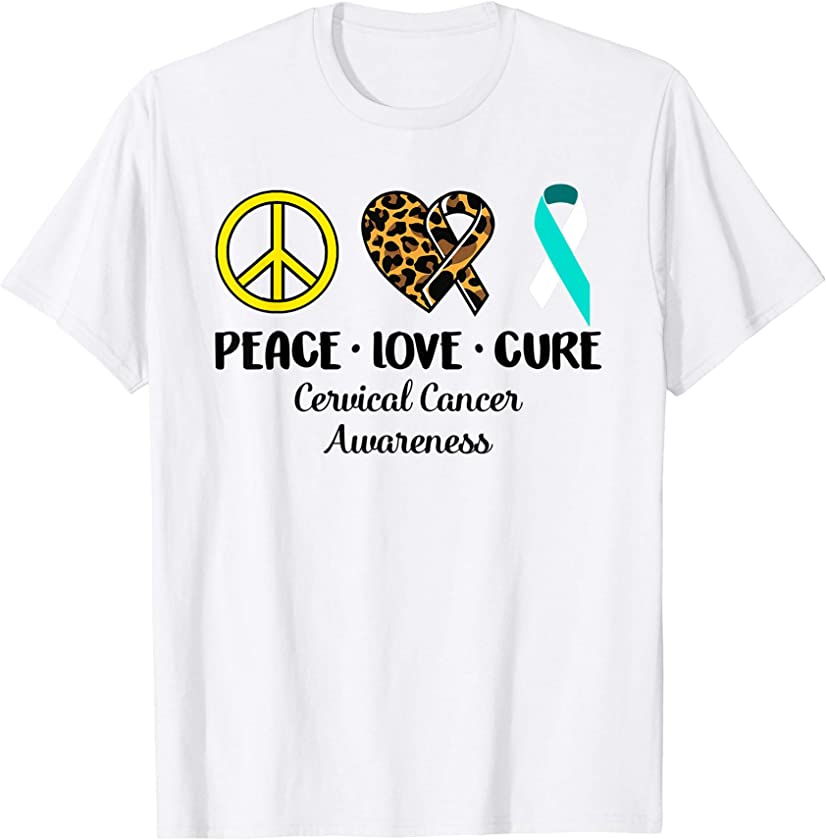 Cervical Cancer Awareness Peace Love Leopard Heart Ribbon T-Shirt