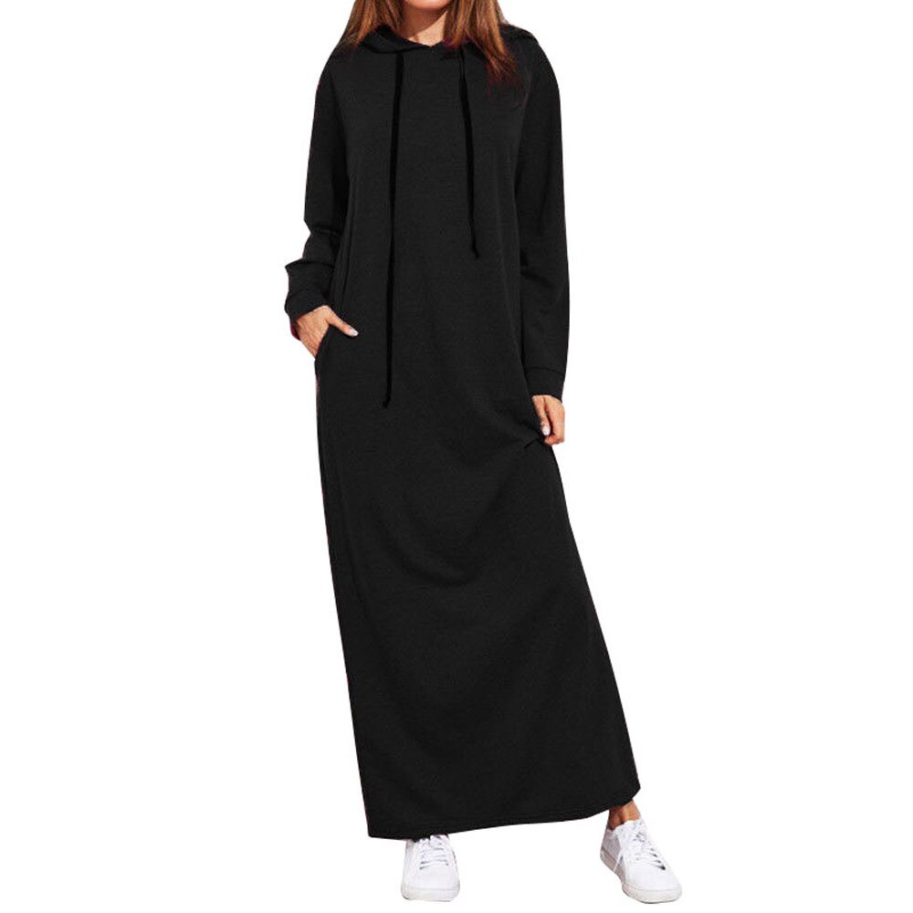 Women Maxi Dress Autumn Winter Vintage Hooded Sweatshirt Dresses Long Sleeve Vestidos Casual Solid Drawstring Pockets Robe Femme alx