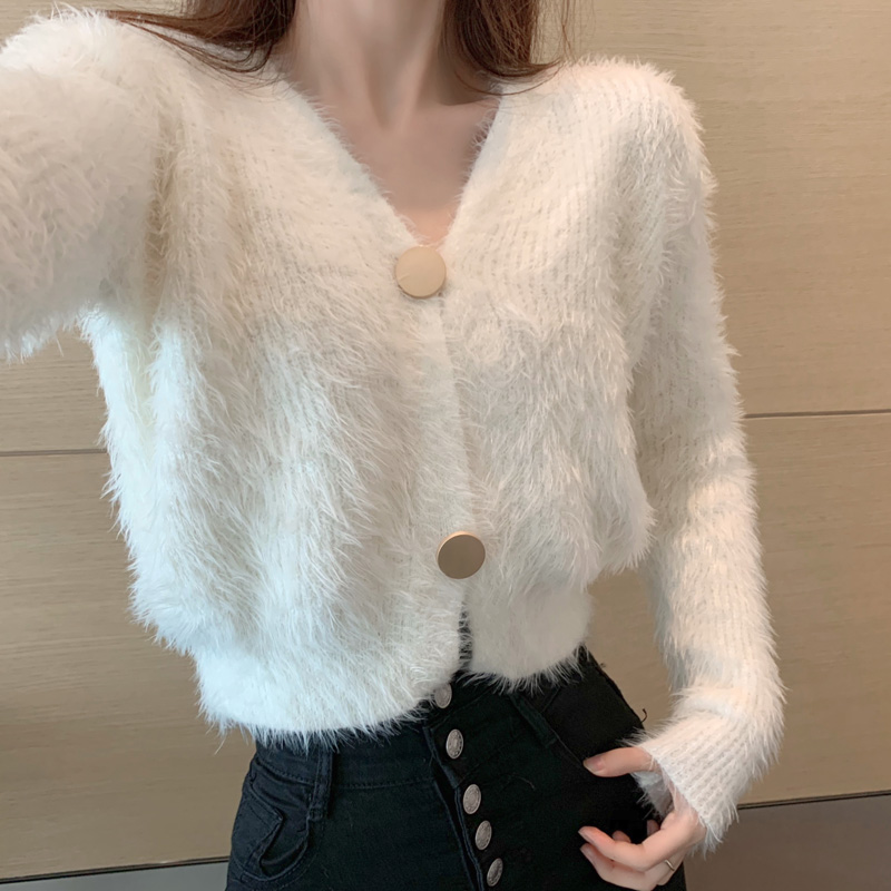 Soft Fur Knit Cardigan Thin Sweater Coat Long Sleeve V-Neck Button Outfit Women Korean Cute Solid Pink White Crop Top Mohair alx