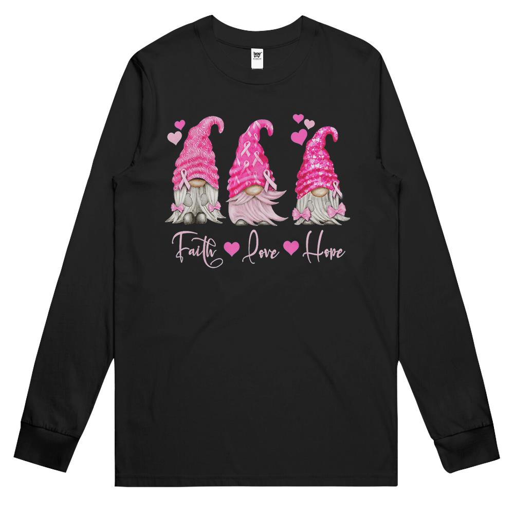 Faith Hope Love Pink Gnome Breast Cancer Awareness Long Sleeve T Shirts