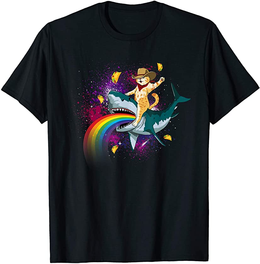 Western Cowboy Cat Riding A Shark In Taco Space Rainbow T-Shirt