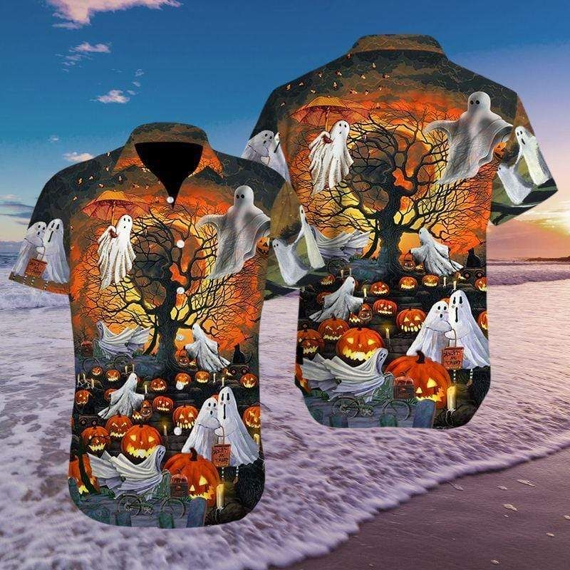 Halloween Ghost Pumpkin Print Polyester Hawaii Aloha Shirts Ha20099