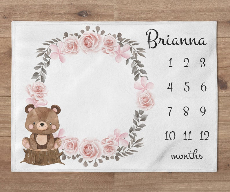 Woodland Girl Milestone Blanket, Custom Floral Bear Milestone Blanket, Baby Name Blanket, Woodland Animal Nursery, Baby Shower Gift