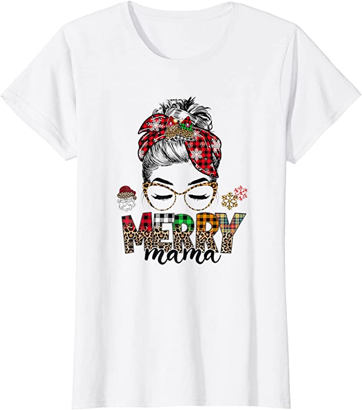 Womens Merry Mama Christmas Holiday, Leopard Print Glasses, Moms T-Shirt