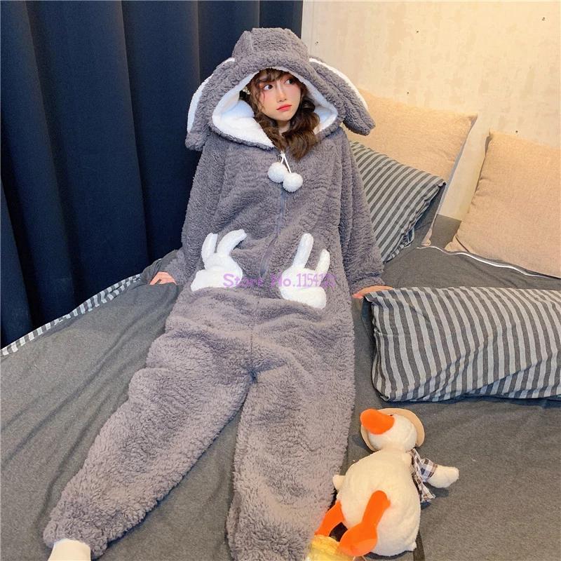 Women’s Sleepwear Unisex Rabbit Loose Thick Plush Hooded Homewear Cute Flannel Stitch Pajamas Winter Plus Velvet Warm Onesie alx