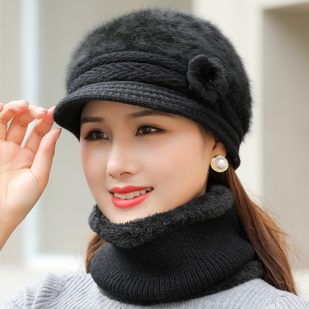 New Women Winter Hat Keep Warm Cap Add Fleece Hat & Collar Warm Suit For Female Casual Outdoor Rabbit Fur Knitted Hat alx