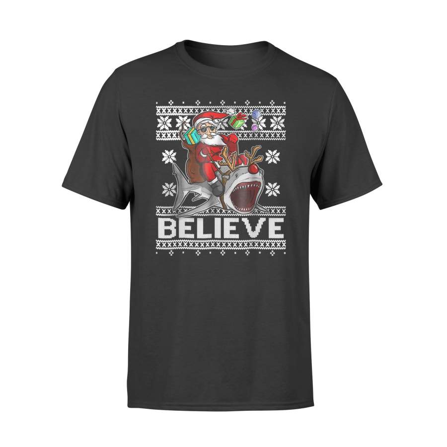 Believe in Santa Riding Shark Christmas Ugly Sweater Tshirt – Standard T-shirt