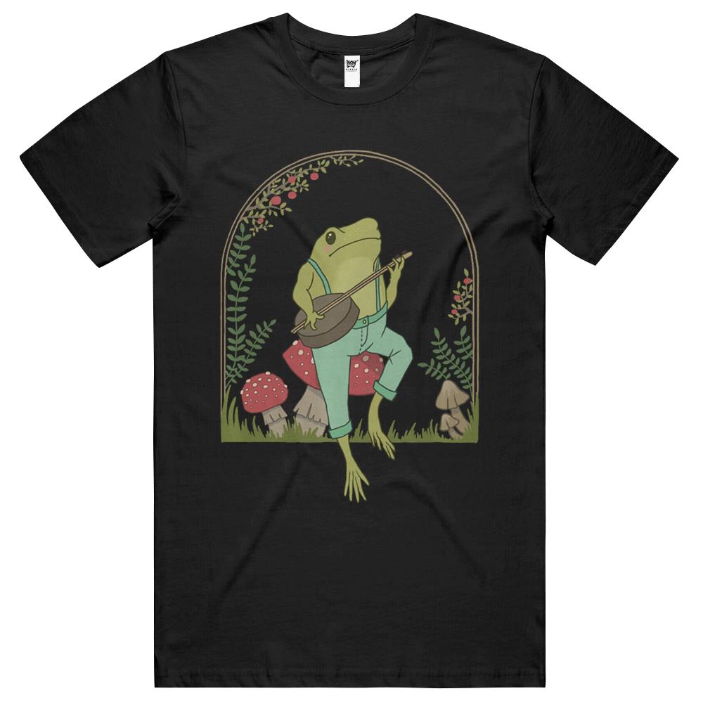 Cottagecore Aesthetic Frog Playing Banjo On Mushroom Cute T Shirts