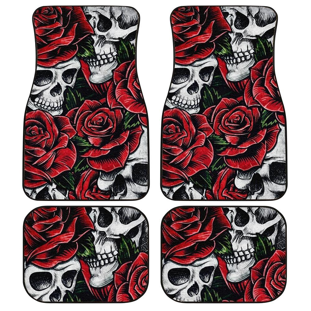 Red Rose Skull Car Floor Mats Custom Flower Car Interior Accessories