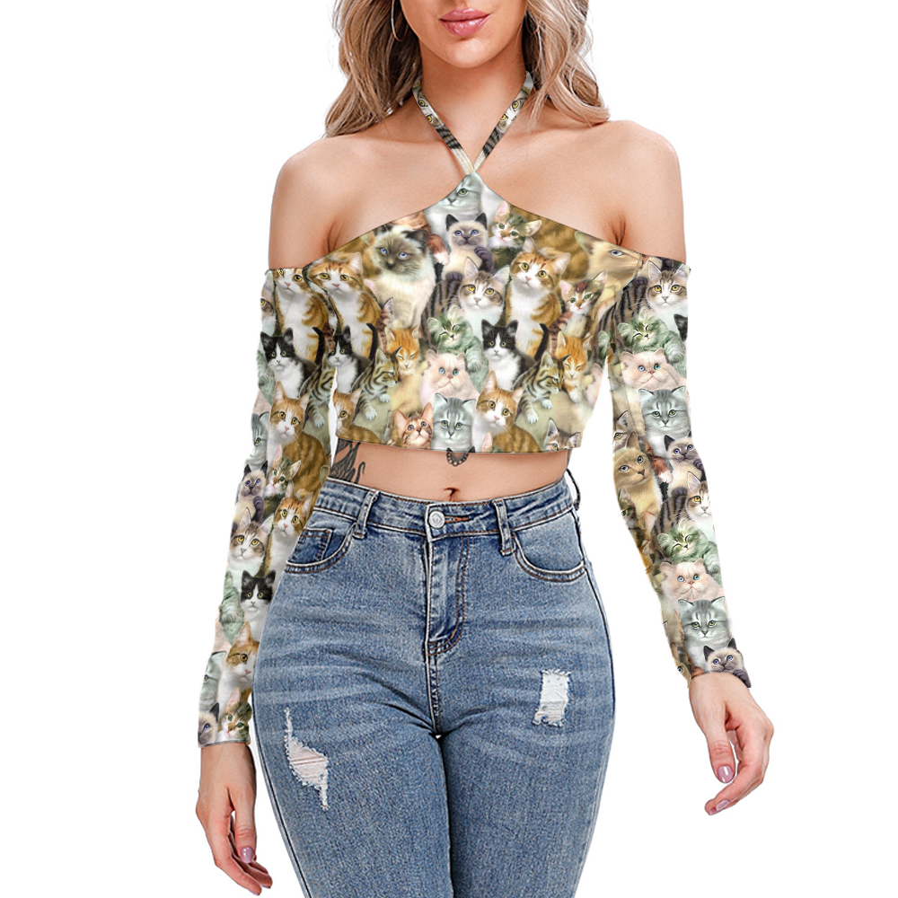 All Over Print Cute Kitten Halter Lace-Up Crop Top