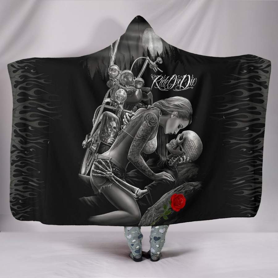 Ultra Soft Wool 3D Ride Or Die Skull Love Hooded Blanket 011