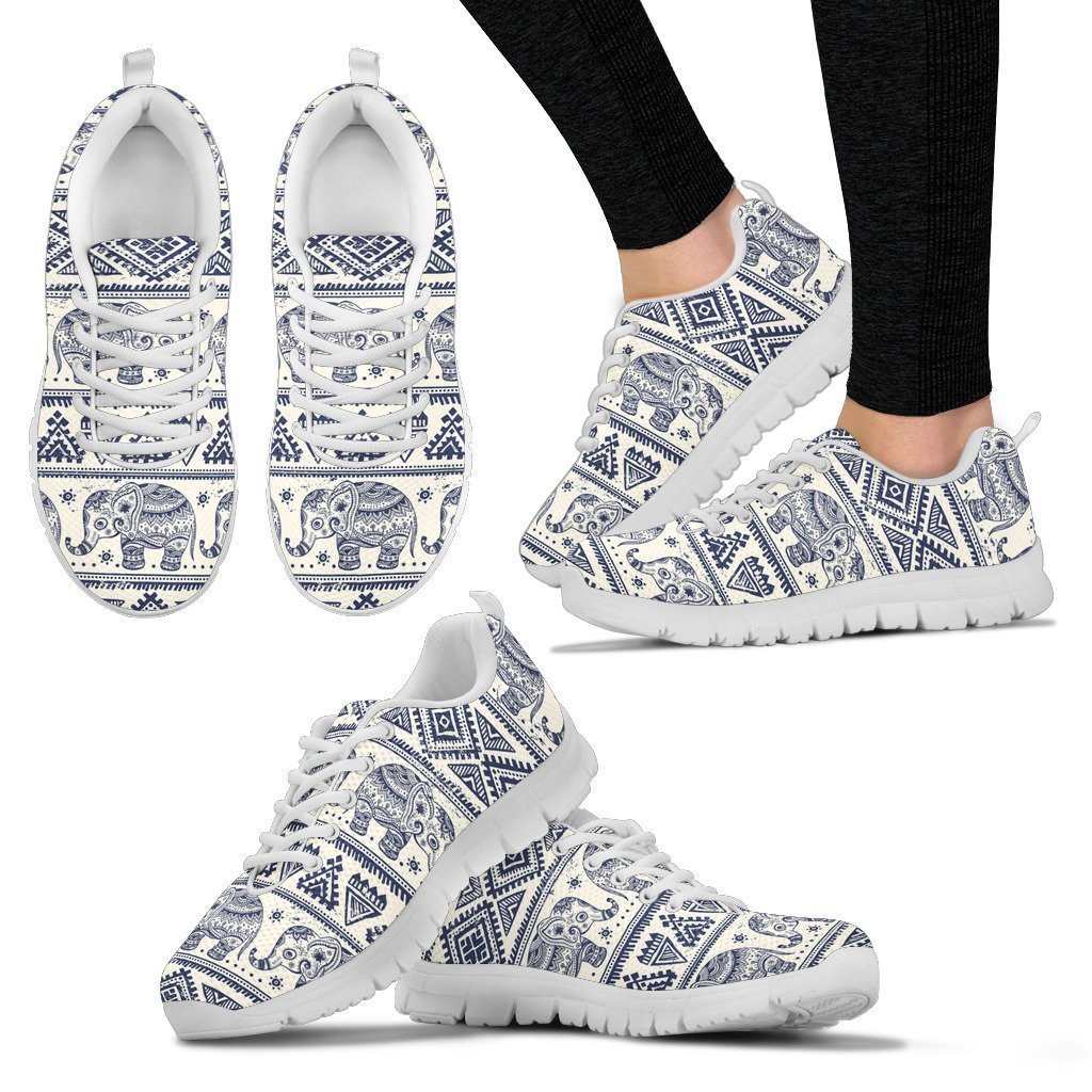 Baby Elephant Aztec White Sneakers, Personalized Shoes Custom Name, Text For Women, Men