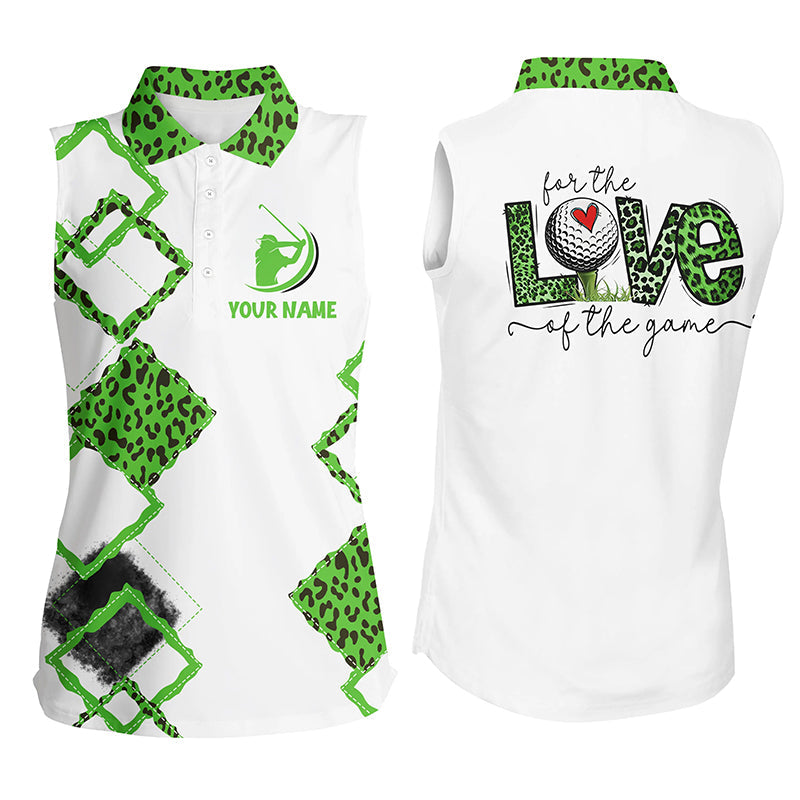 White Womens Sleeveless Polo Shirt Custom Name For The Love Of The Game Green Leopard Golf Shirts