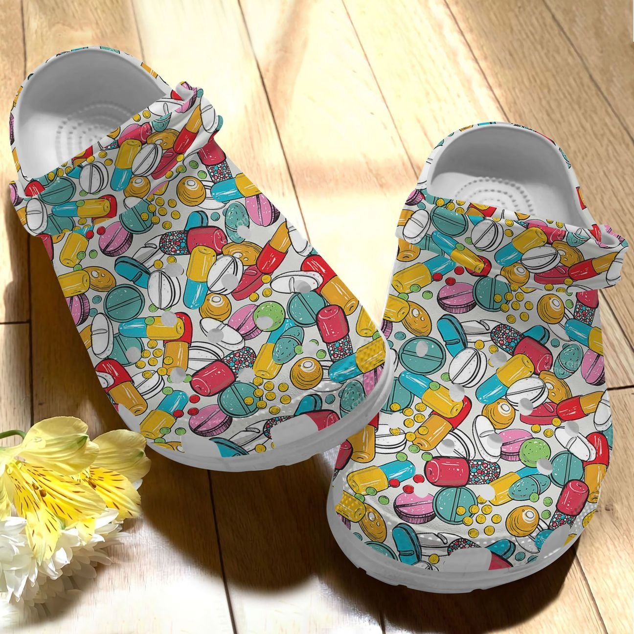 Pharmacy Personalize Clog, Custom Name, Text, Fashion Style For Women, Men, Kid, Print 3D Colorful Pills Background