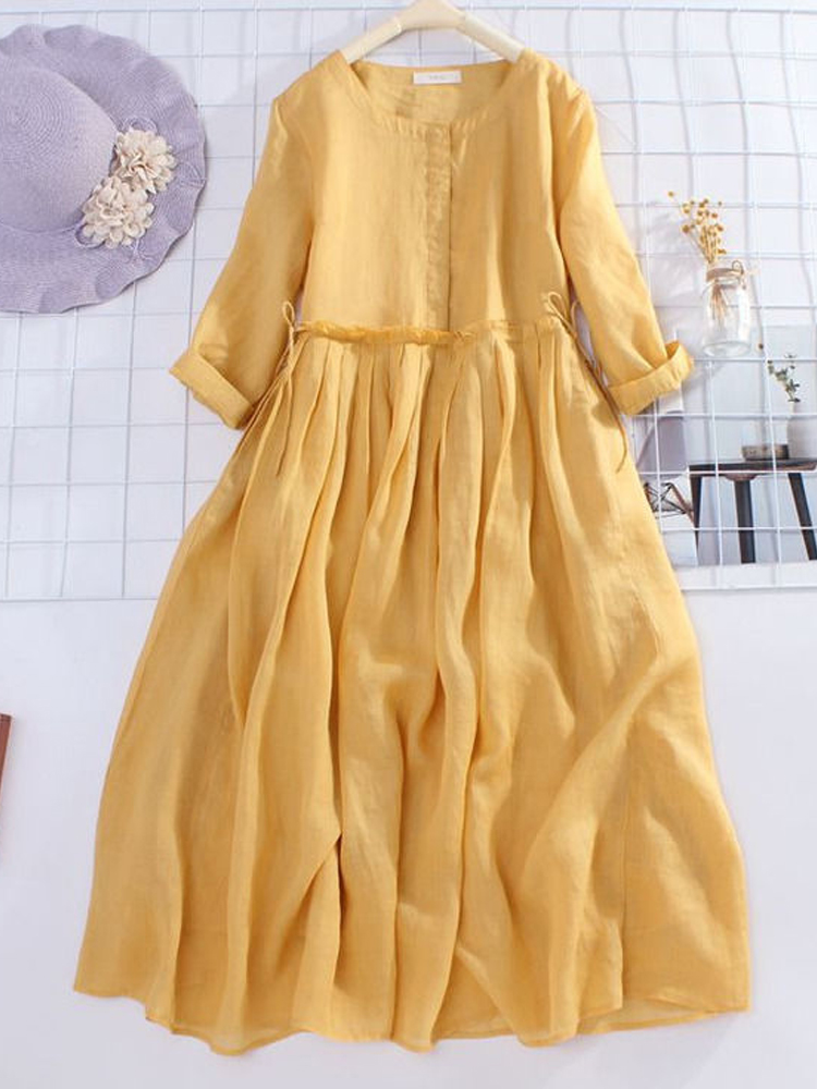 2022 New Summer Japan Style Cotton Linen Long Sleeve O-Neck Drawstring Dresses Large Swing Solid Maxi Shirt Dress for Women alx