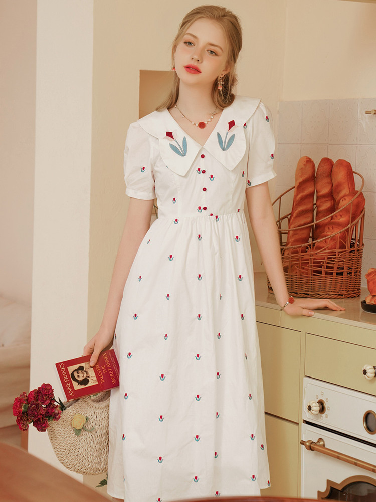 AIGYPTOS Summer White Dress Women Elegant Slim Sweet Embroidery Tulip Floral V-Neck Cotton Midi Dress Clothes vestido feminino alx