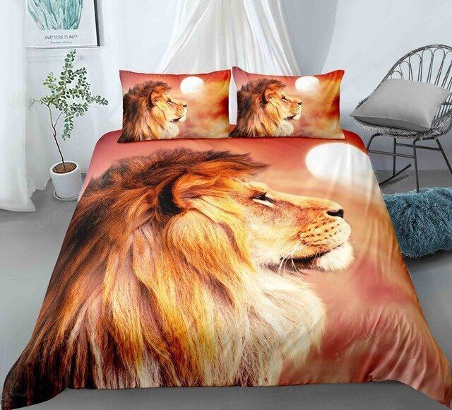 3D Lion And The Sun Set Pattern Bedding Set Double Full Queen Extra Large Pillowcase Quilt Cover