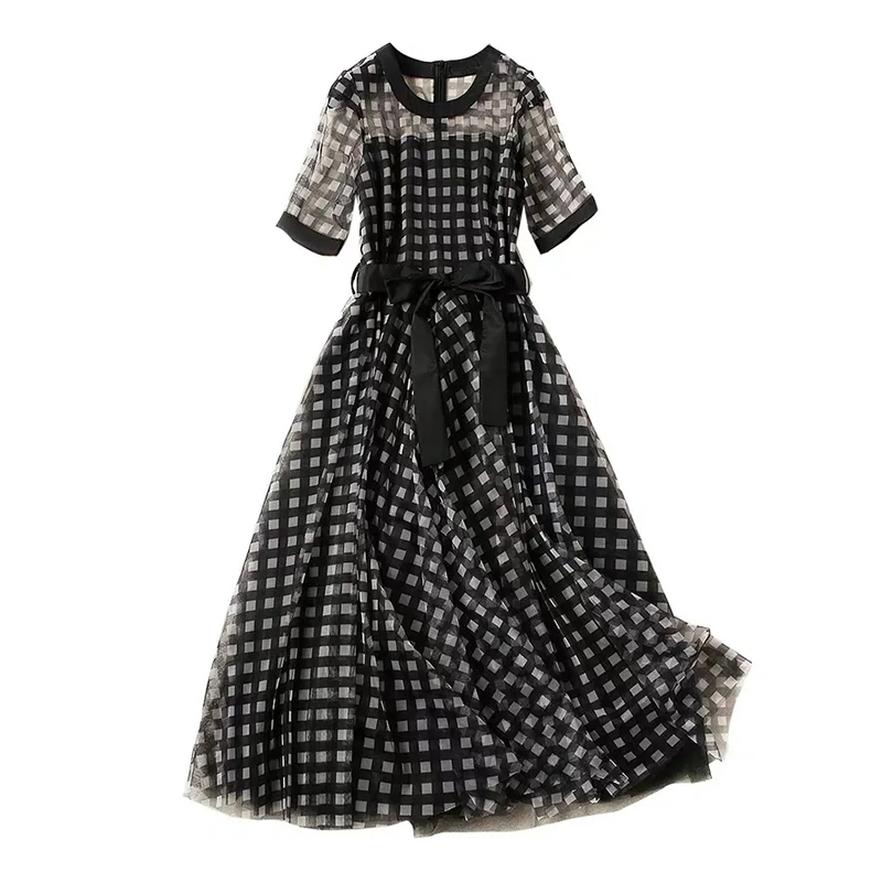 Black Plaid Vintage Round Neck Lace Up A-Line Women’s Dress 2022 Summer Short Sleeve Mesh Elegant Mid-Calf Dresses For Women alx