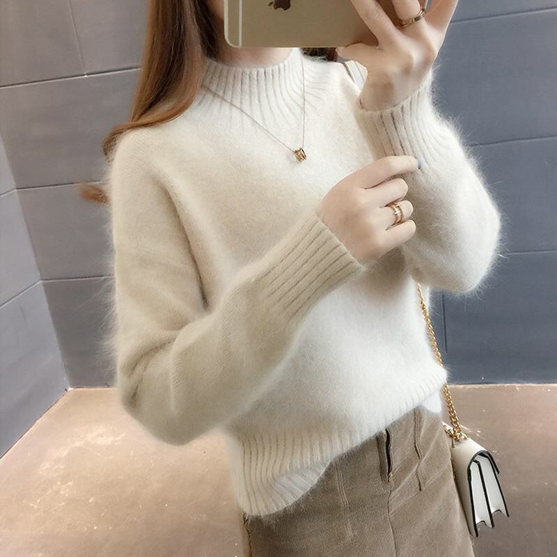 Autumn Winter Mink Cashmere Thick Sweaters Chic Ladies Cloths Half High Collar Screw Thread Street Casual 2022 New Simplicity alx