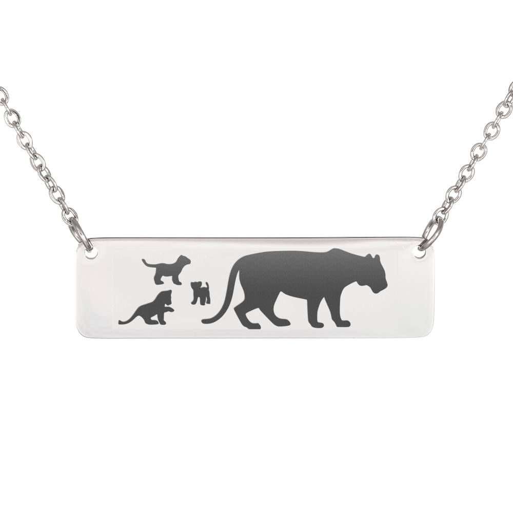 Animal Mom And Baby Necklace – Lion Pendant – Horizontal Bar Necklace – Engraved Animal Necklace (3 Cubs)