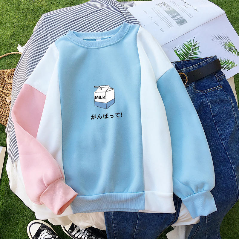 Women’s Sweatshirt y2k Kawaii Milk Print Casual Korean Fashion Multicolor Patchwork Fleece O-neck Harajuku Hoodies Woman Clothes alx