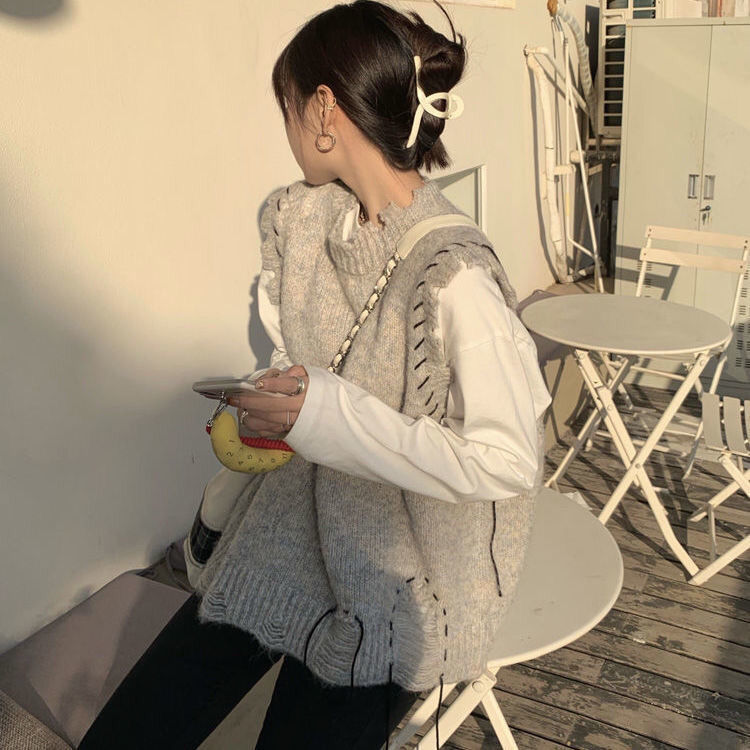 Sweater Vest Women Leisure Vintage Streetwear Asymmetrical Ribbon Design Fashion Ins Students All-match Outwear Korean Style New alx