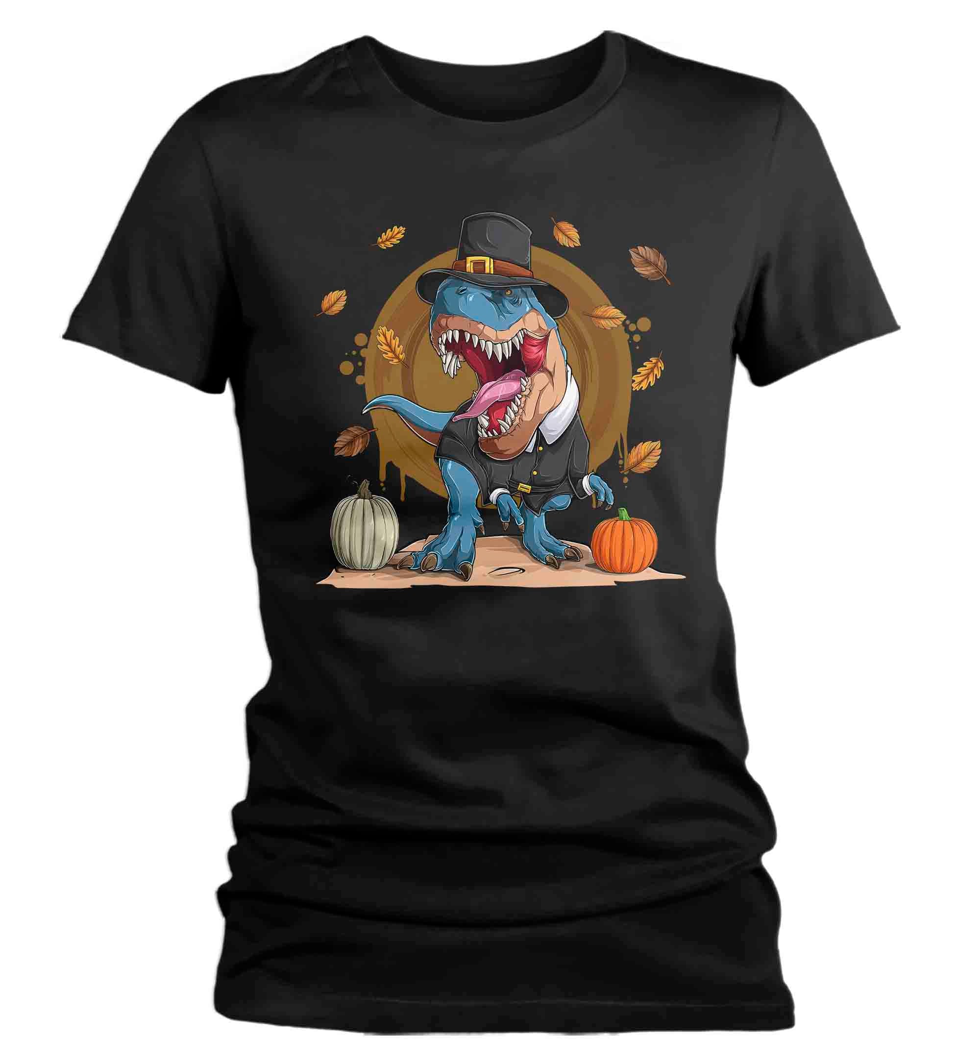 Women’S Funny Thanksgiving Tee T Rex Tshirt Tyrannosaurus Pilgrim Shirts Turkey Day Shirt Holiday Dinosaur Ladies Soft Graphic Shirt