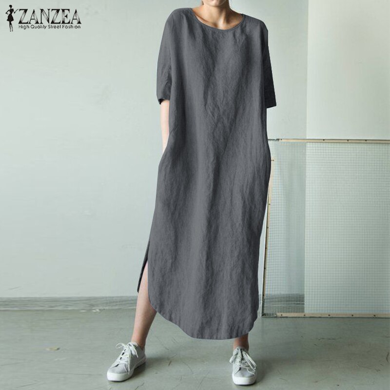 Summer Sundress 2022 ZANZEA Women O Neck Short Sleeve Solid Cotton Linen Dress Split Long Vestido Femininas Casual Shirt Dress alx