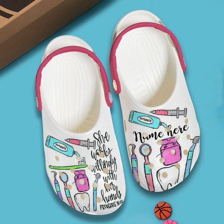 Dentist Personalized Personalize Clog, Custom Name, Text, Fashion Style For Women, Men, Kid, Print 3D Whitesole She Works Willingly