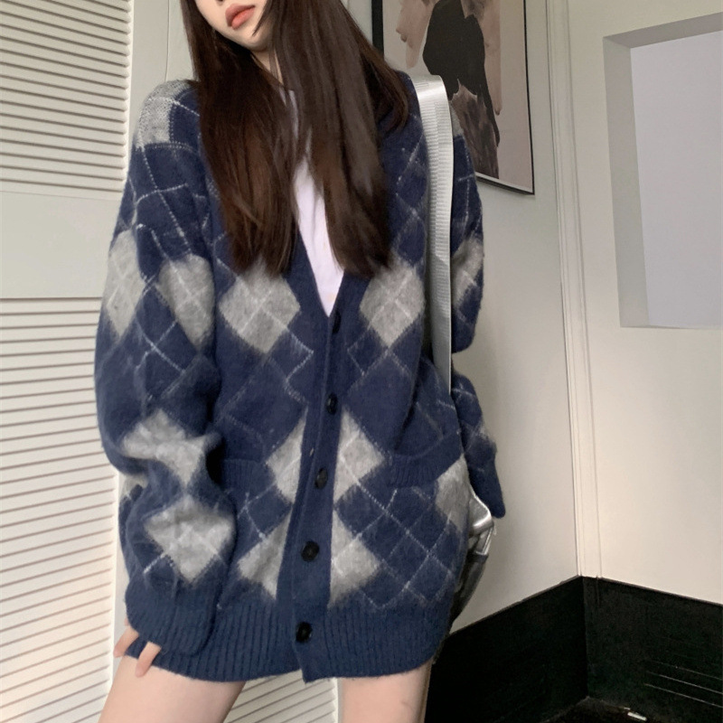 Cardigan Women’s Sweater Autumn V-Neck Knitted Sweaters Fashion Casual Long Sleeve Korean Loose Plaid Jumpers Female Cardigans alx