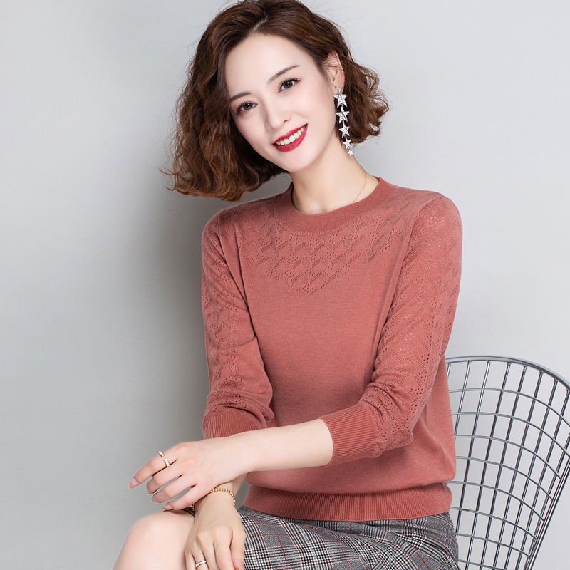 Casual solid O-Neck sweater women Fashion hollow out long sleeve knitting short Pullover female 2021 new chic blue spring tops alx