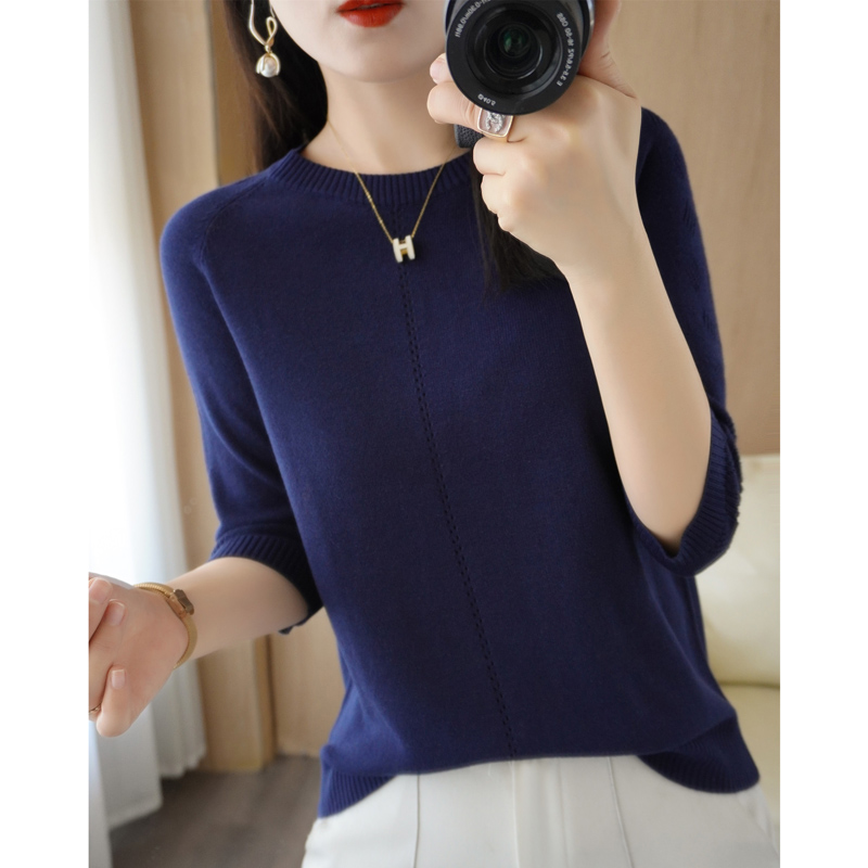 Spring Autumn New Wool Blend Sweater Woman O-Neck Three Quarter Sleeve Pullover Casual Knitted Hollow Out Tops Female Sweater alx